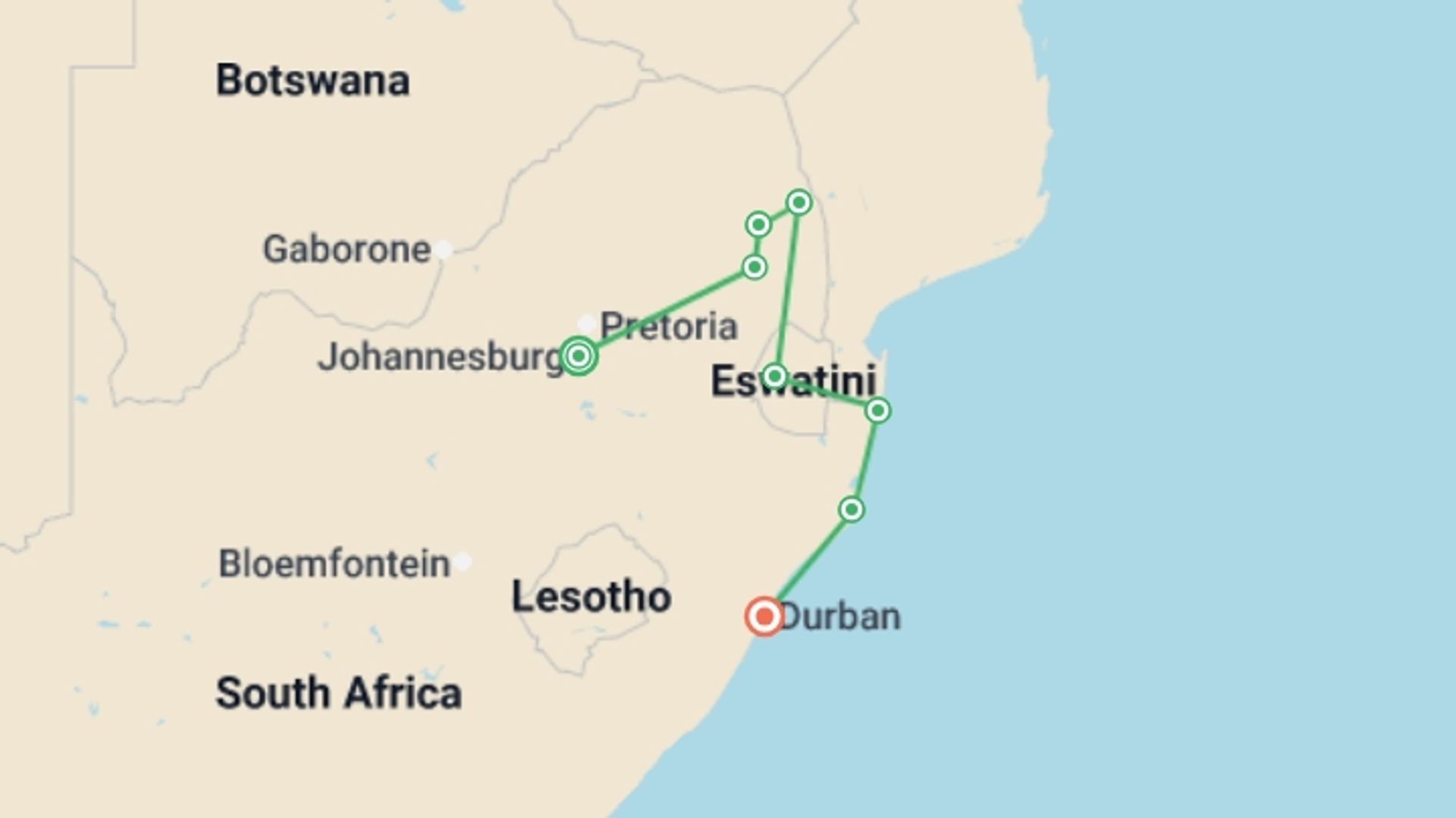 A map showing the tour itinerary for the trip: Family South Africa Safari and Beach Adventure, starting in Johannesburg, South Africa and ending in Durban, South Africa going through 6 other destinations.