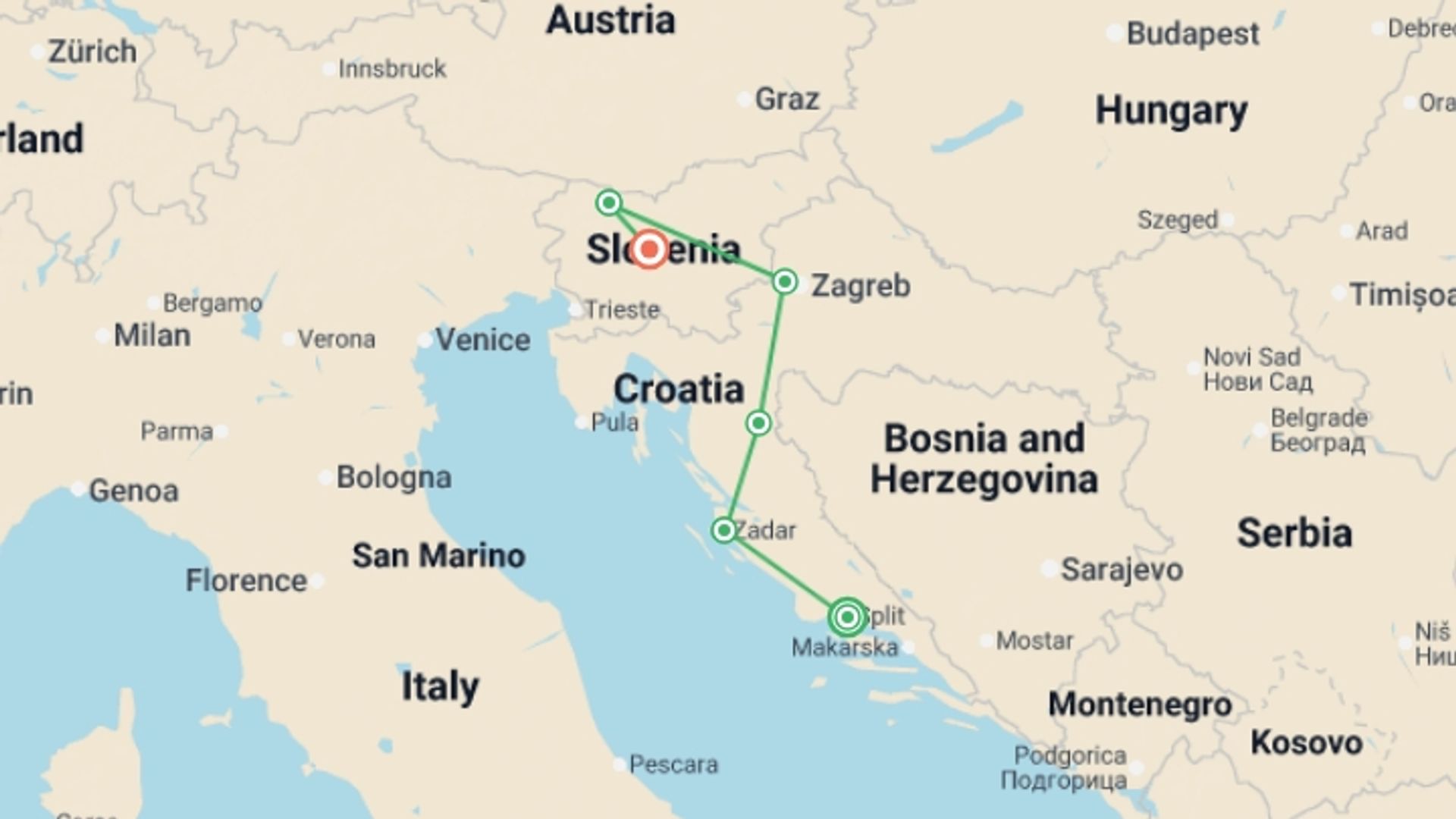 A map showing the tour itinerary for the trip: Croatia & Slovenia, starting in Split, Croatia and ending in Ljubljana, Slovenia going through 4 other destinations.