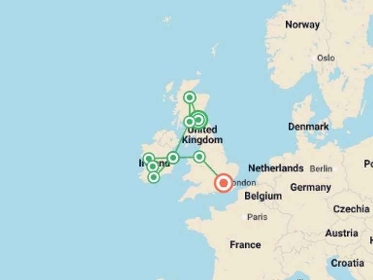 Map itinerary of Europe Tour in July 2026 with 9 destination visits for the trip: Scotland and Ireland with London