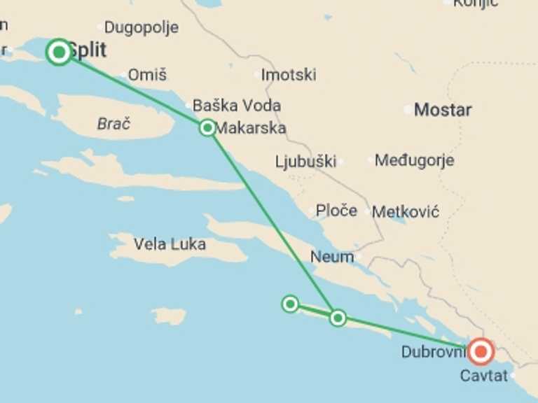 Map itinerary of Split Tour in Fall with 4 destination visits for the trip: Split to Dubrovnik Mini-Cruise Premium - 3 days