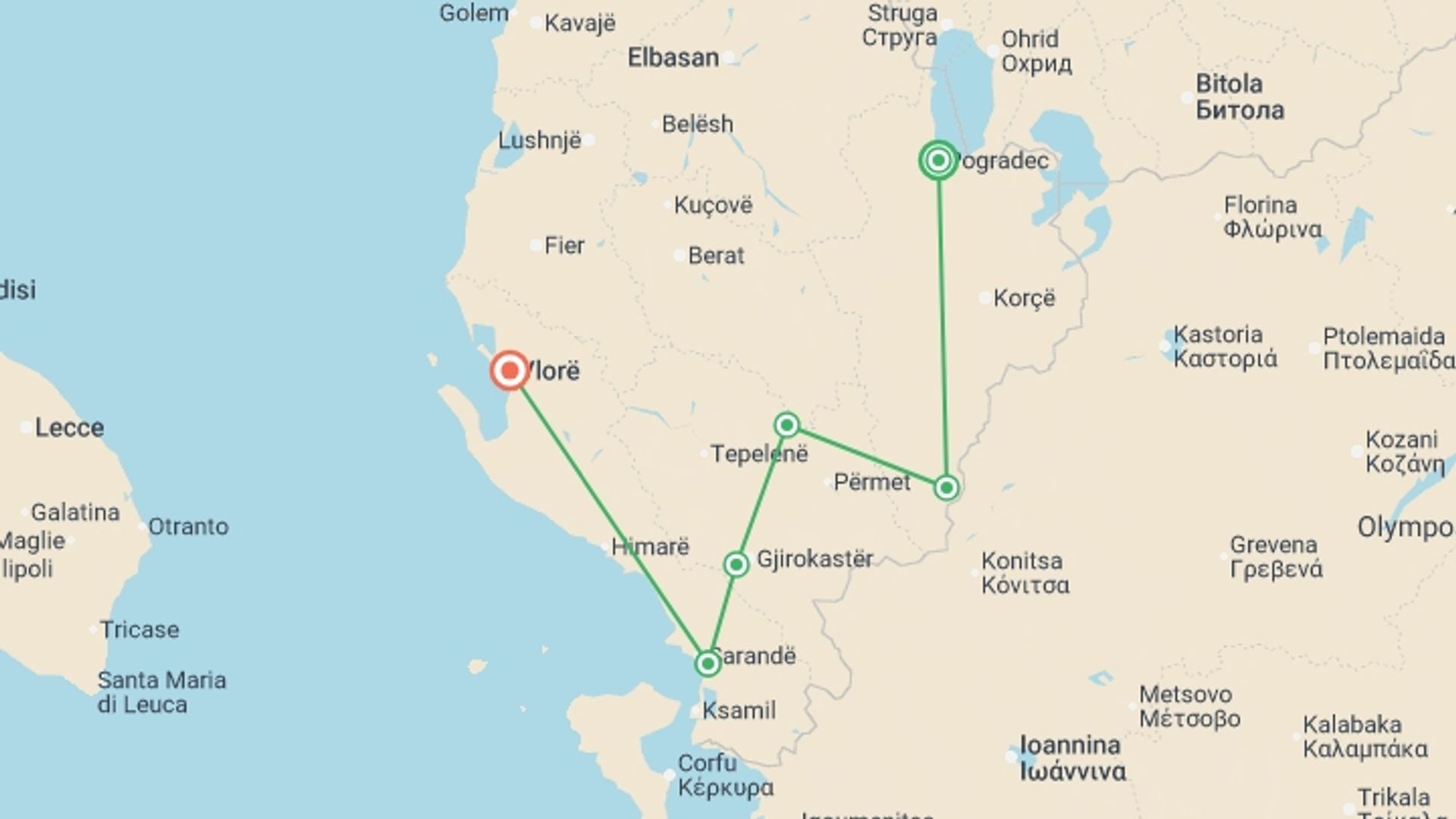 A map showing the tour itinerary for the trip: Cycling in Albania, starting in Pogradec, Albania and ending in Vlore, Albania going through 4 other destinations.