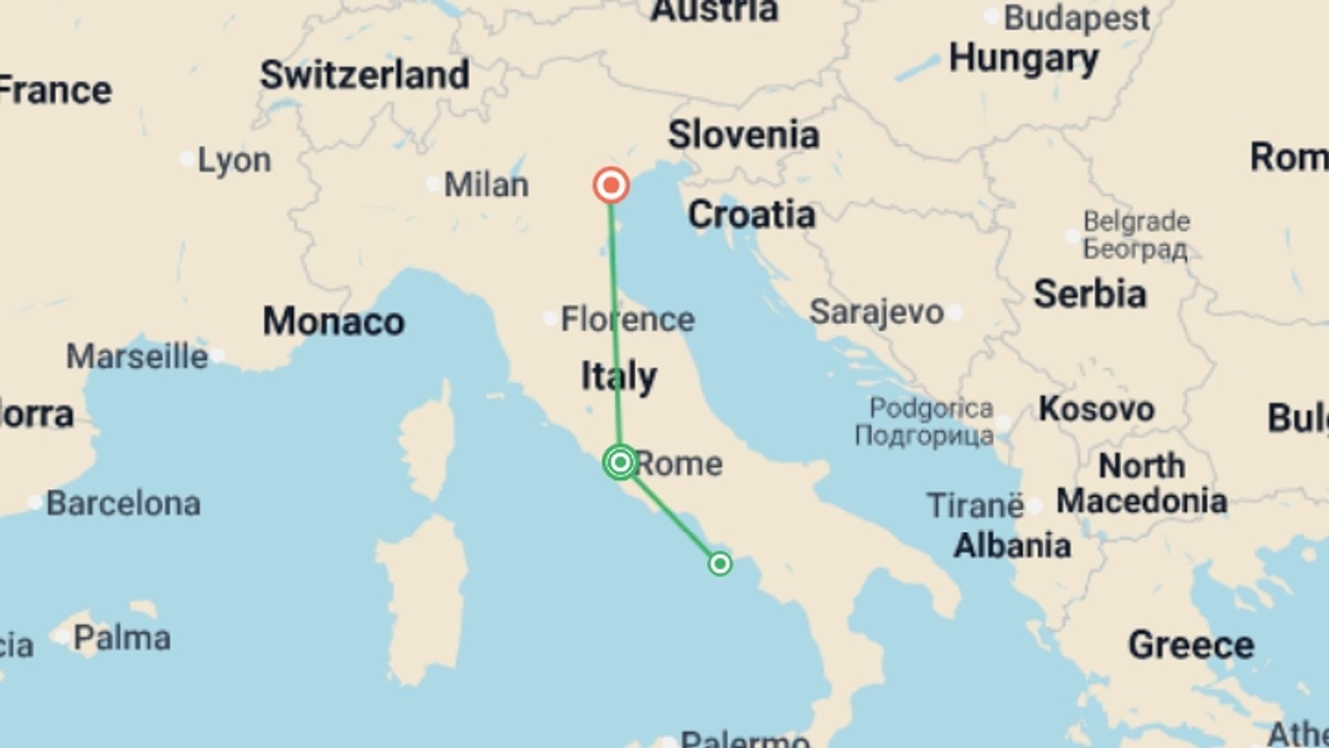 A map showing the tour itinerary for the trip: Capri Island Getaway, starting in Rome, Italy and ending in Venice, Italy going through 1 other destinations.