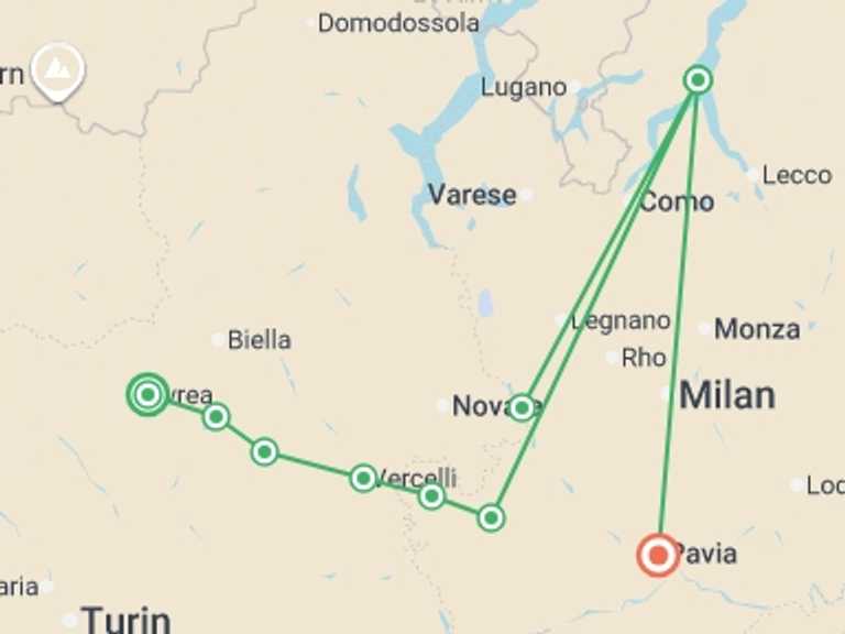 Map of Europe Tour with 7 destination visits for the trip: Via Francigena: Ivrea to Pavia