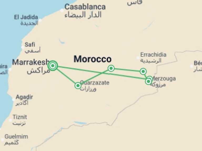 Map of Marrakech Tour with 3 destination visits for the trip: Merzouga Gorges & Deserts Adventure 3D/2N (Marrakech to Marrakech)