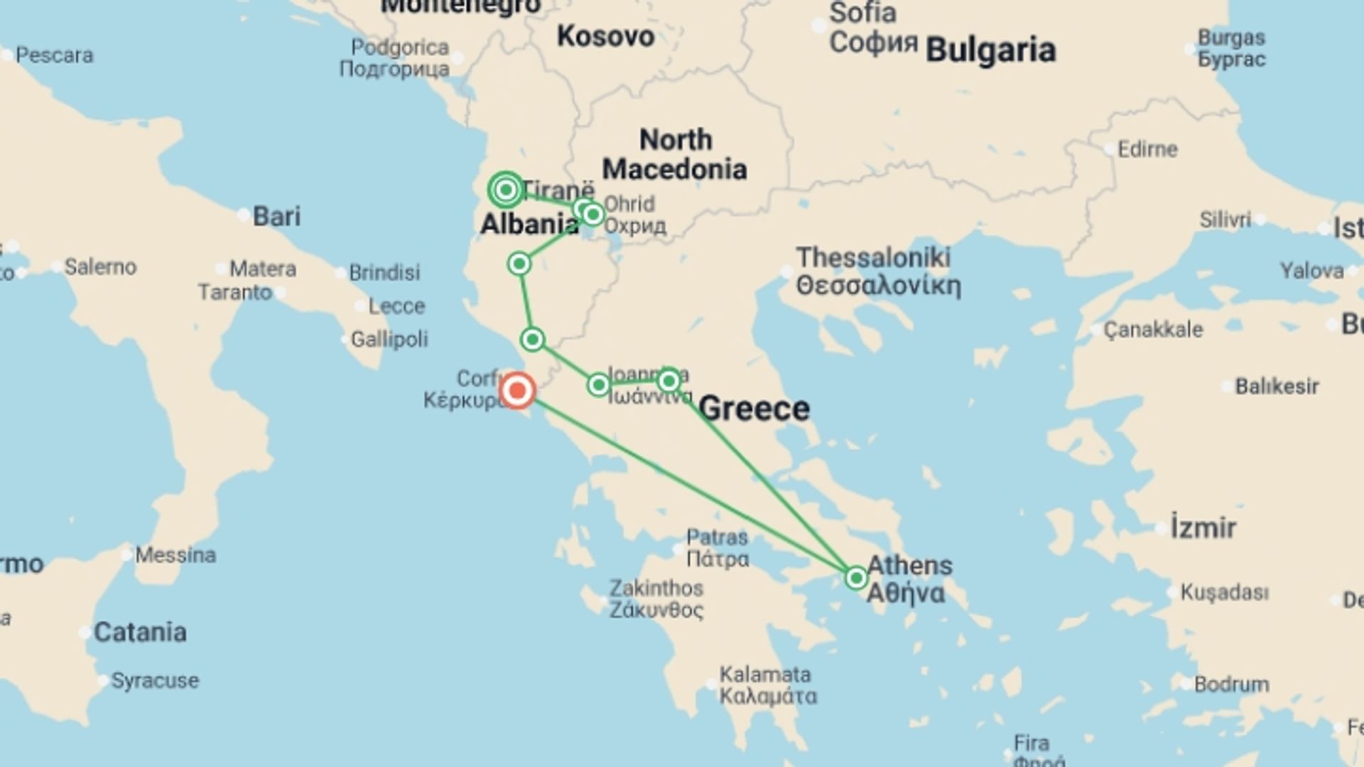 A map showing the tour itinerary for the trip: Albania, Macedonia & Athens - 7 days, starting in Tirana, Albania and ending in Corfu, Greece going through 5 other destinations.