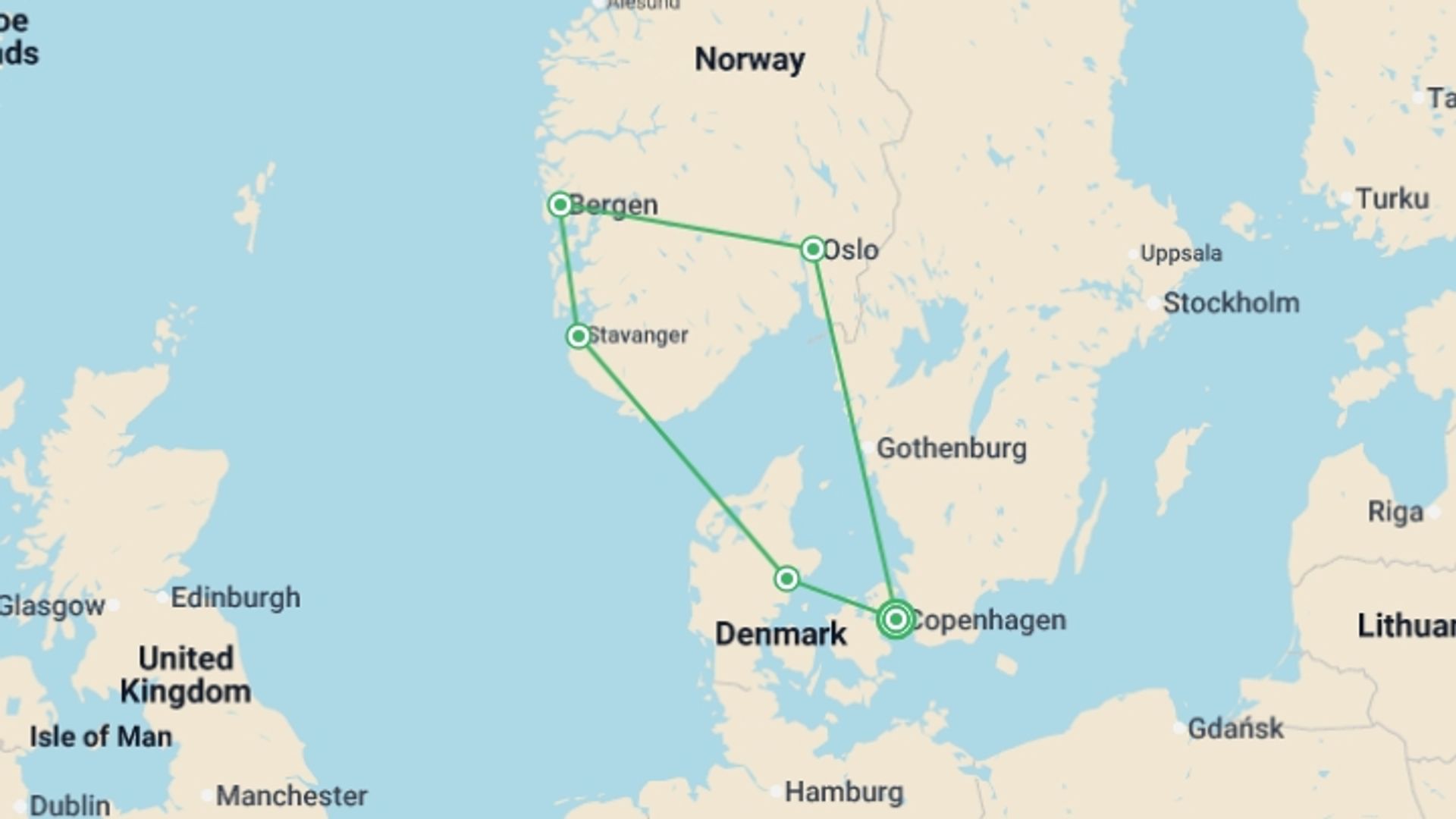 A map showing the tour itinerary for the trip: Danish Circle, starting in Copenhagen, Denmark and ending in Copenhagen, Denmark going through 4 other destinations.
