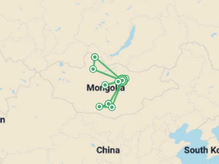 Map itinerary of Mongolia Tour in Summer with 7 destination visits for the trip: The Best of Mongolia Luxury Tour