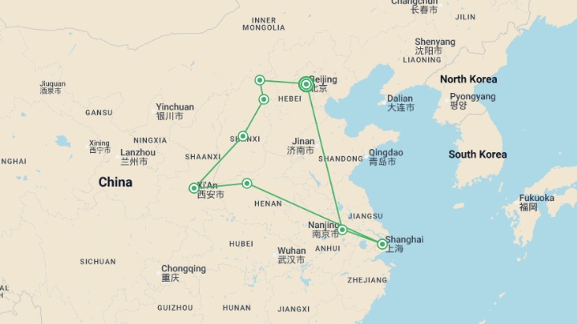 A map showing the tour itinerary for the trip: Millenary China, starting in Beijing, China and ending in Beijing, China going through 7 other destinations.