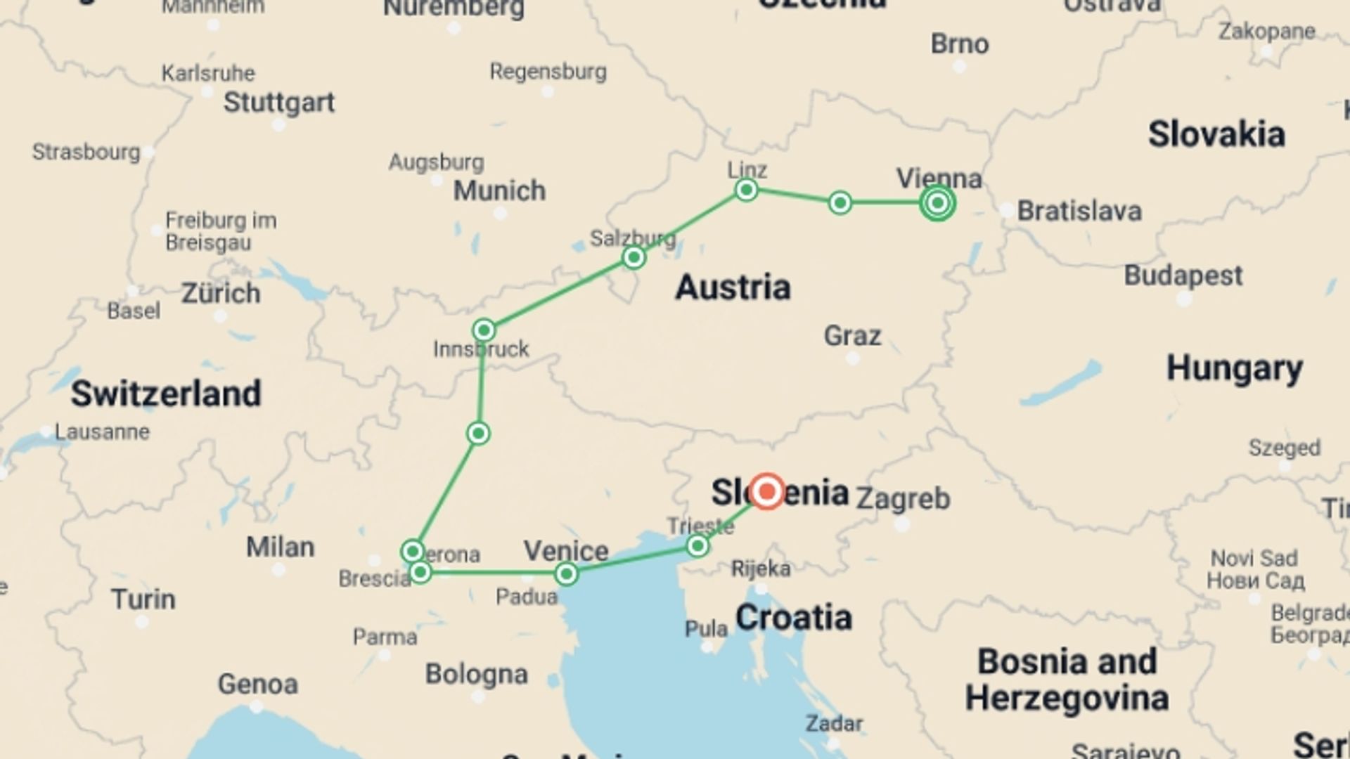 A map showing the tour itinerary for the trip: Alpine Peaks & Lakes of Austria, Italy & Slovenia, starting in Vienna, Austria and ending in Ljubljana, Slovenia going through 4 other destinations.