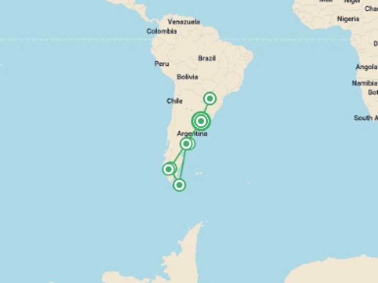 Map itinerary of Chile Tour in March 2026 with 10 destination visits for the trip: Patagonia & Jungle