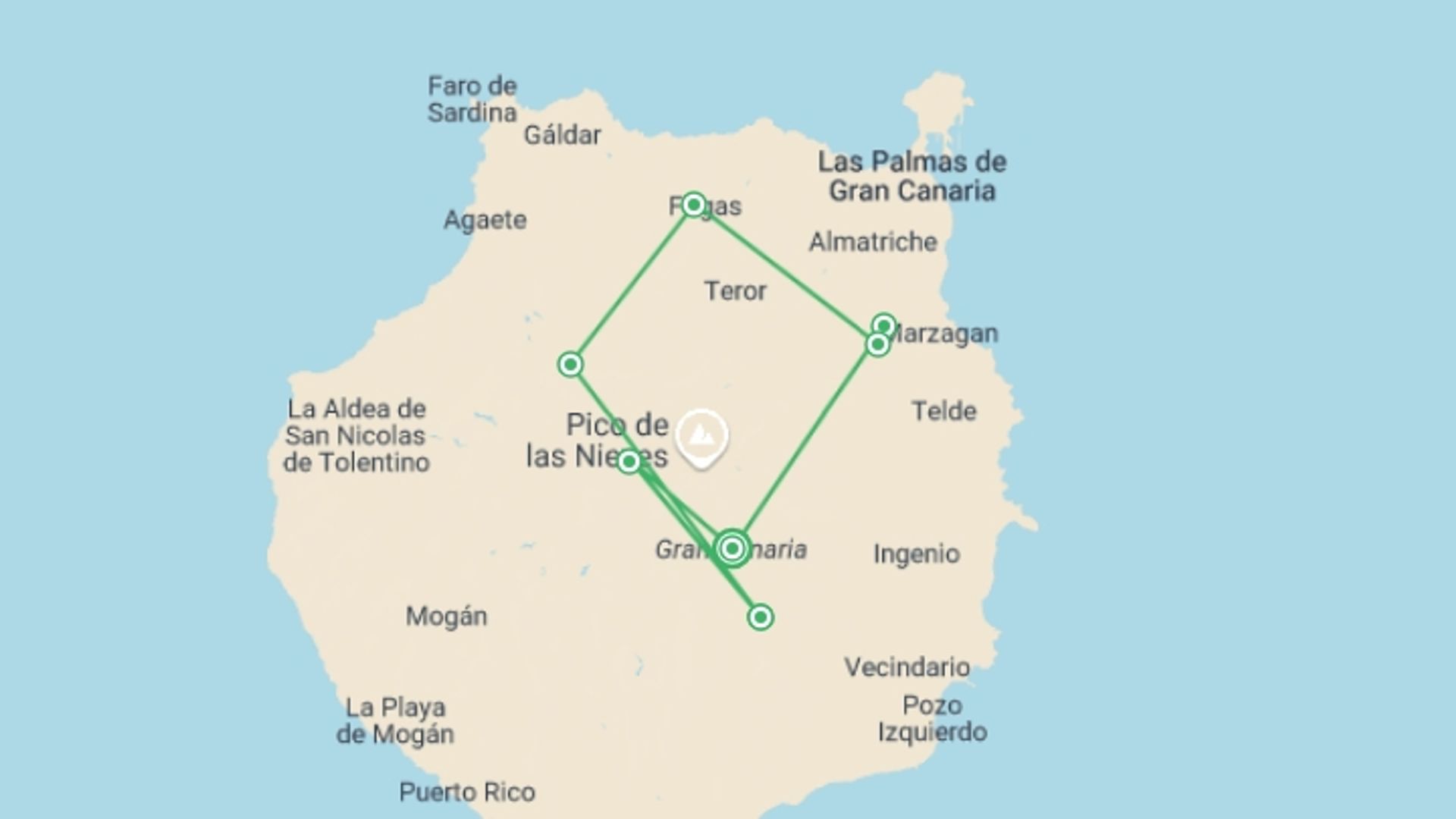 A map showing the tour itinerary for the trip: Contrasts of Gran Canaria, starting in Gran Canaria, Spain and ending in Gran Canaria, Spain going through 6 other destinations.
