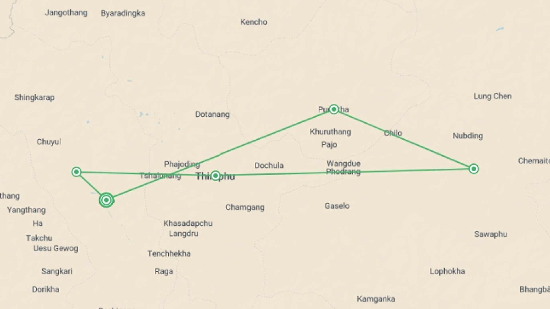 A map showing the tour itinerary for the trip: Bhutan Encounters, starting in Paro, Bhutan and ending in Paro, Bhutan going through 5 other destinations.