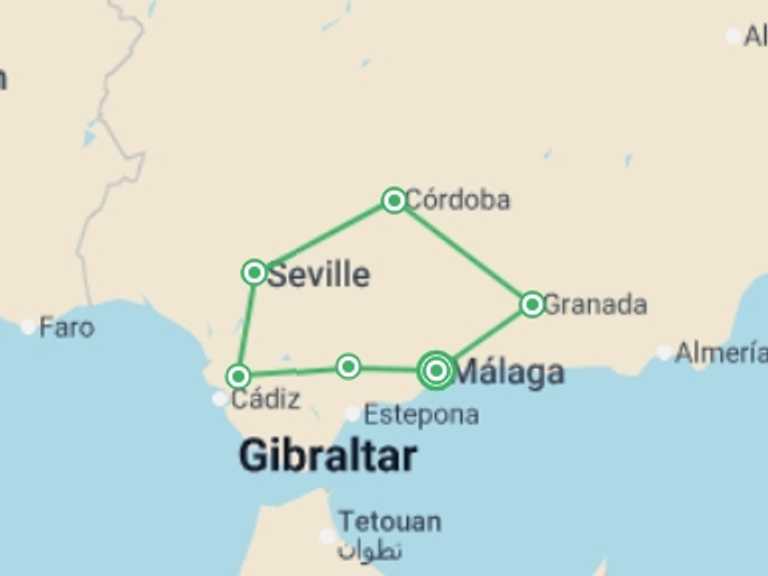 Map itinerary of Europe Tour in Fall with 6 destination visits for the trip: Heart Of Andalusia 11 Days, Self-drive