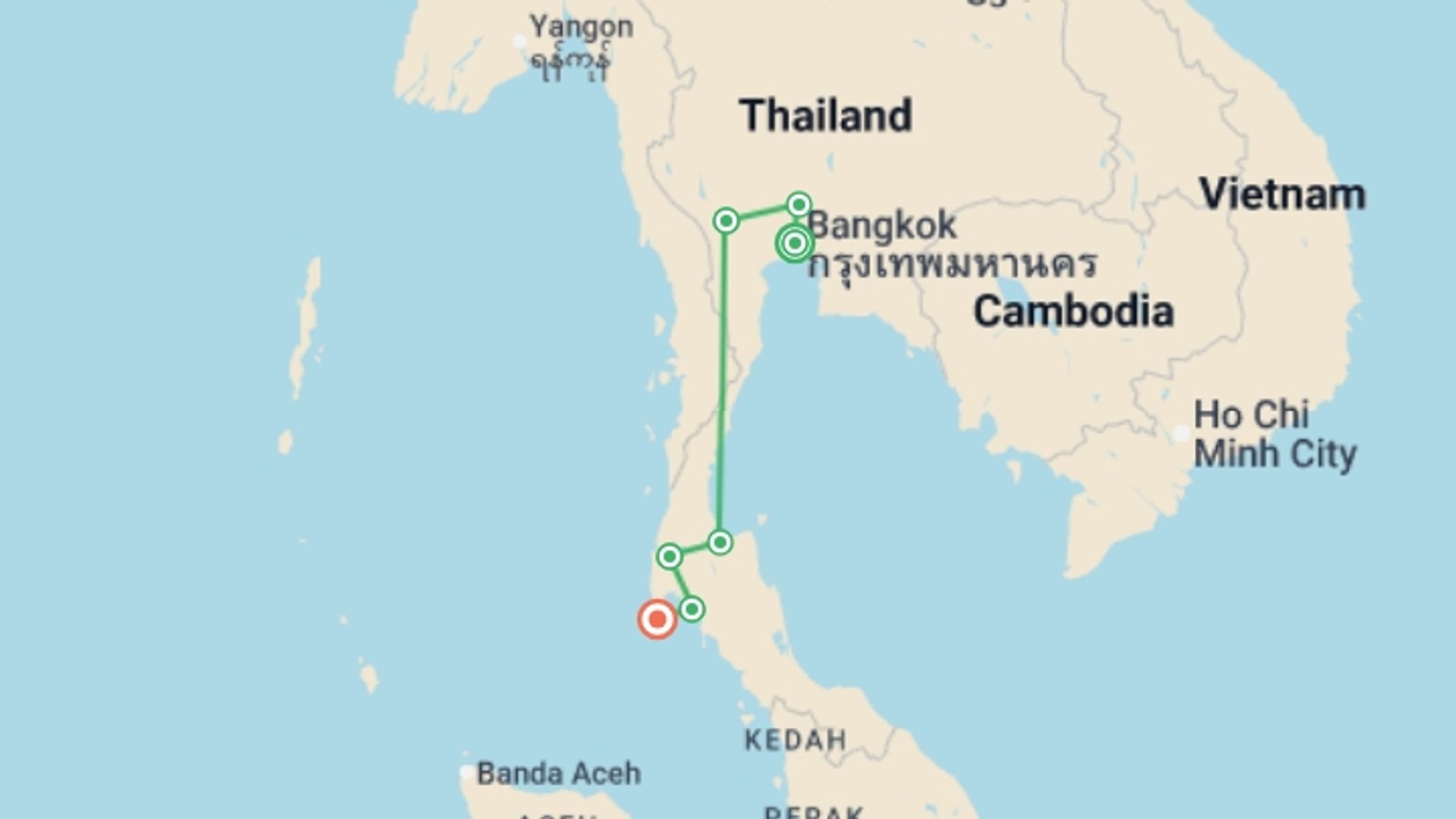 A map showing the tour itinerary for the trip: 12 Days Of Fantastic Fun In Thailand, French-speaking Guide, starting in Bangkok, Thailand and ending in Sakhu, Thailand going through 5 other destinations.