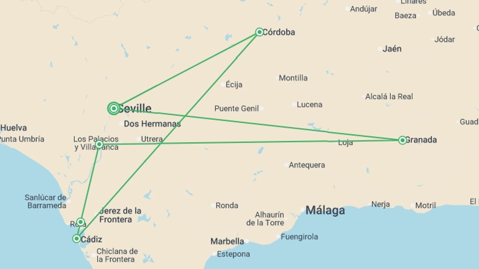 A map showing the tour itinerary for the trip: Enchanting Andalusia - Seville Fair Festivities: Tradition, gastronomy and flamenco (port-to-port cruise), starting in Seville, Spain and ending in Seville, Spain going through 5 other destinations.