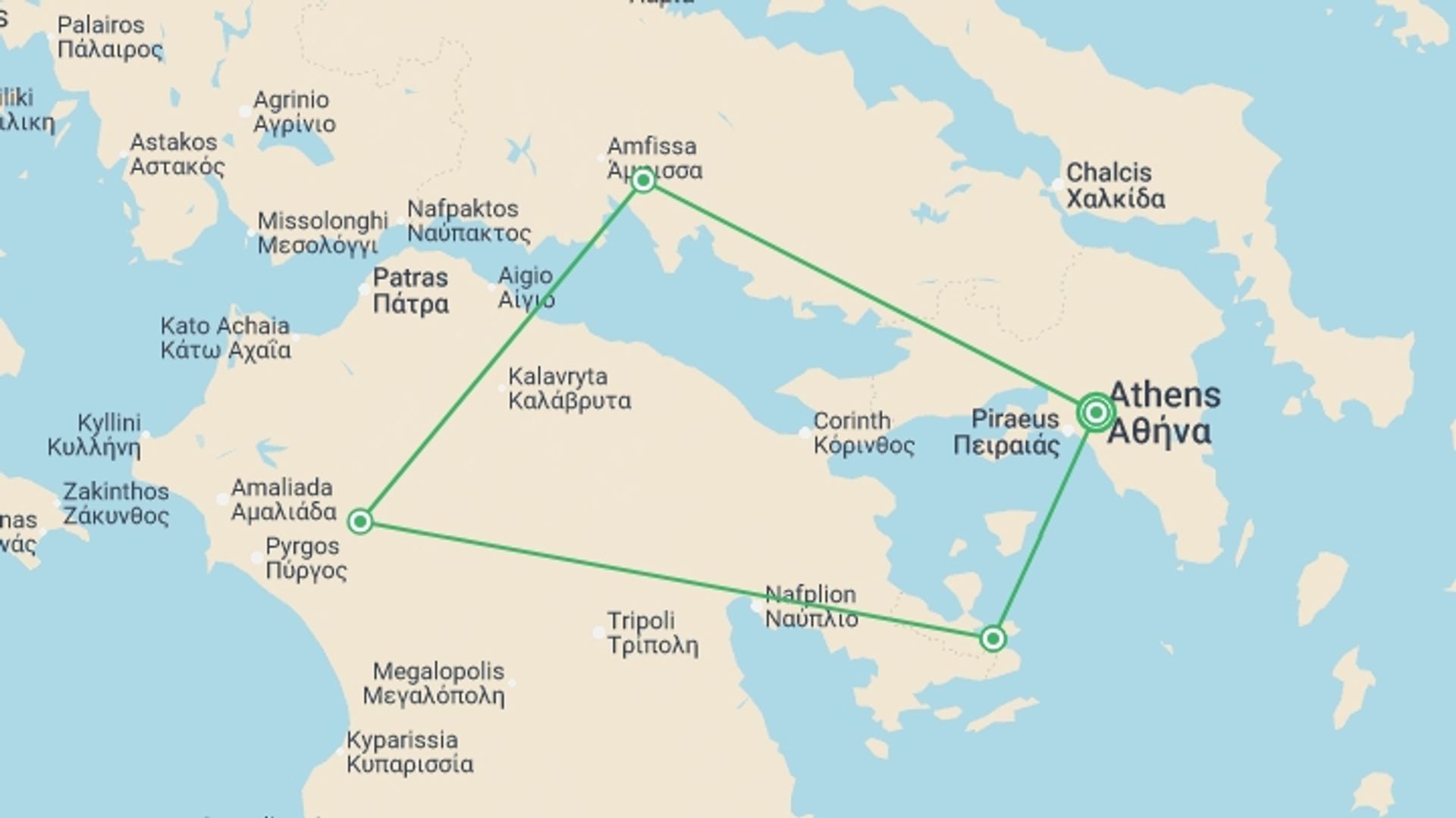 A map showing the tour itinerary for the trip: Greece Family Holiday, starting in Athens, Greece and ending in Athens, Greece going through 3 other destinations.