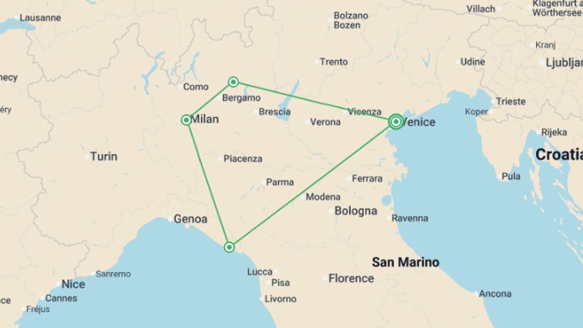 A map showing the tour itinerary for the trip: Venice to Liguria Loop - 11 days, starting in Venice, Italy and ending in Venice, Italy going through 3 other destinations.