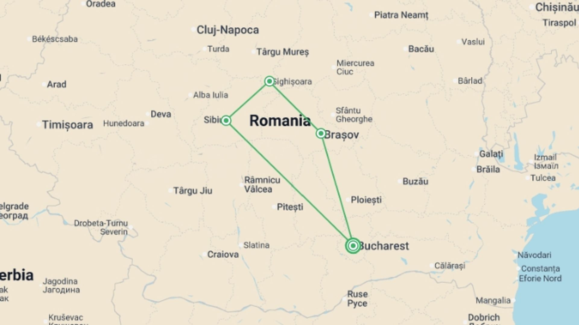 A map showing the tour itinerary for the trip: Castles & Legends of Transylvania - 4 days, starting in Bucharest, Romania and ending in Bucharest, Romania going through 3 other destinations.