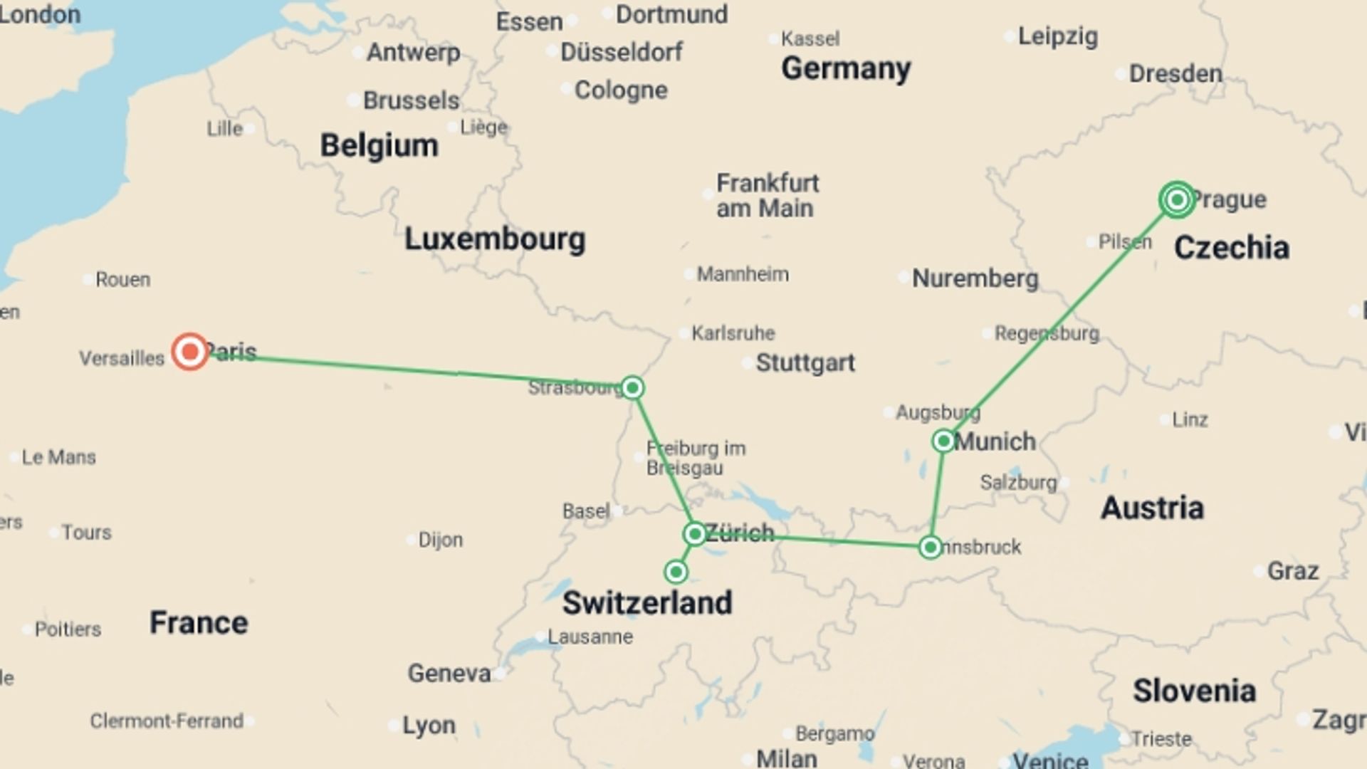 A map showing the tour itinerary for the trip: Iconic Cities, starting in Prague, Czech Republic and ending in Paris, France going through 2 other destinations.