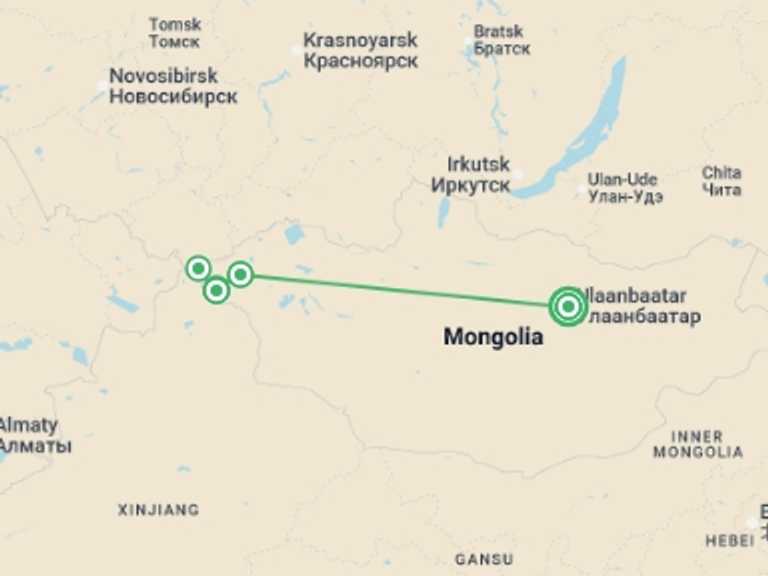 Map itinerary of Mongolia Tour in Summer with 5 destination visits for the trip: Mongolian Tavan Bogd Trek