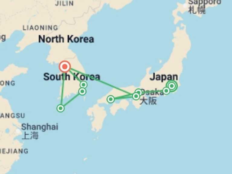 Map itinerary of Asia Tour in October 2026 with 9 destination visits for the trip: Tokyo to Seoul & Jeju - 20 days