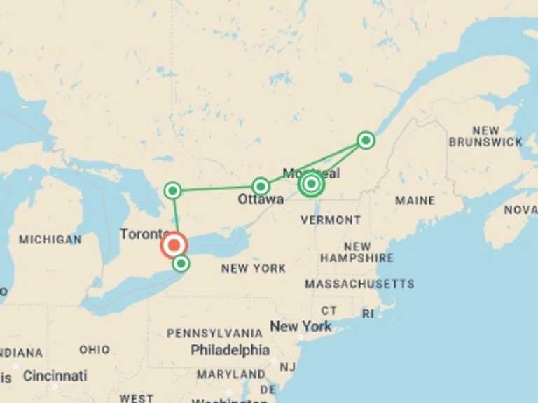 Map of 9-Day Canada Tour with 6 destination visits for the trip: Eastern Explorer Mini Tour: Montreal Departure