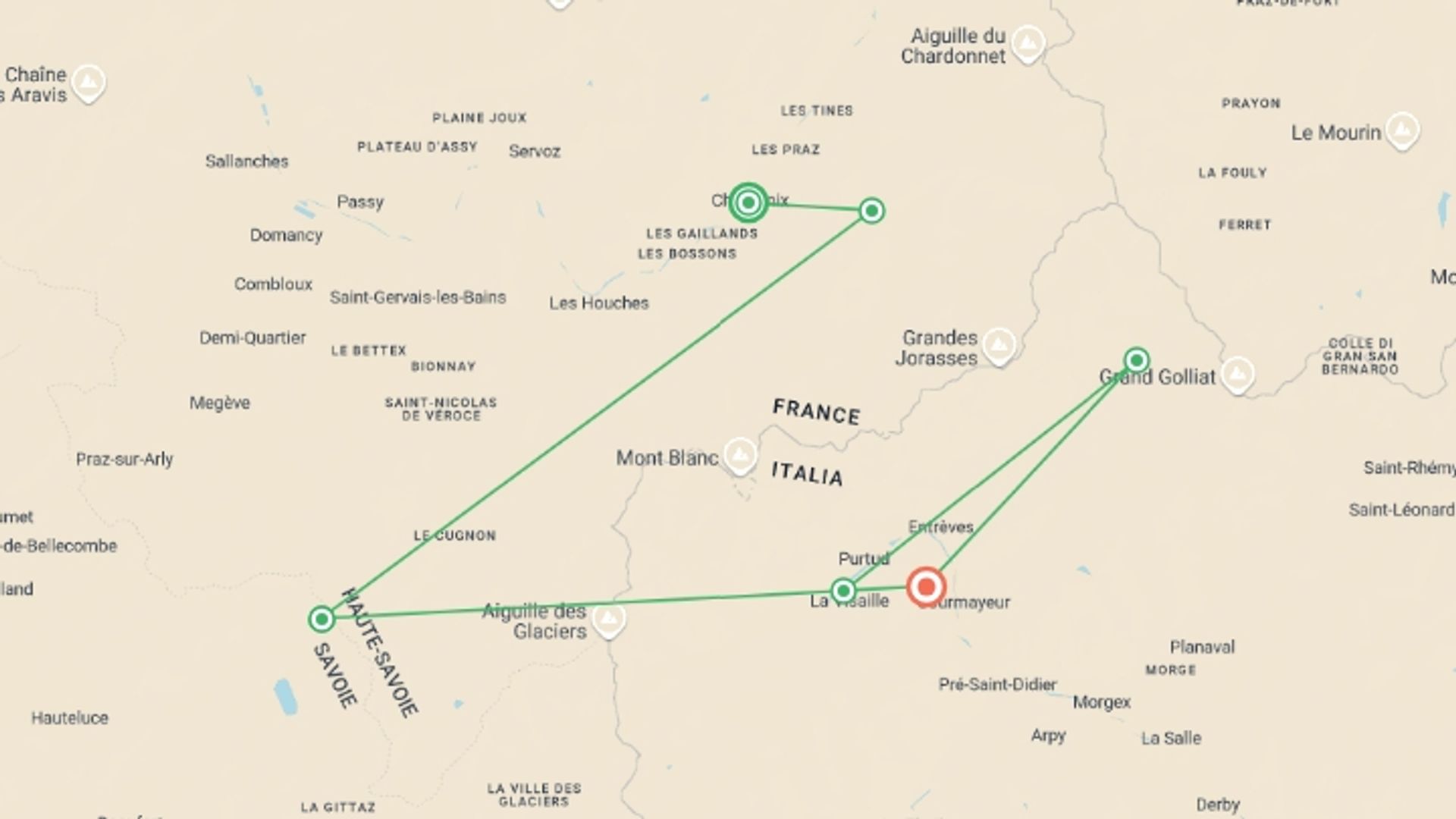 A map showing the tour itinerary for the trip: Walking Tour du Mont Blanc, starting in Chamonix, France and ending in Courmayeur, Italy going through 4 other destinations.