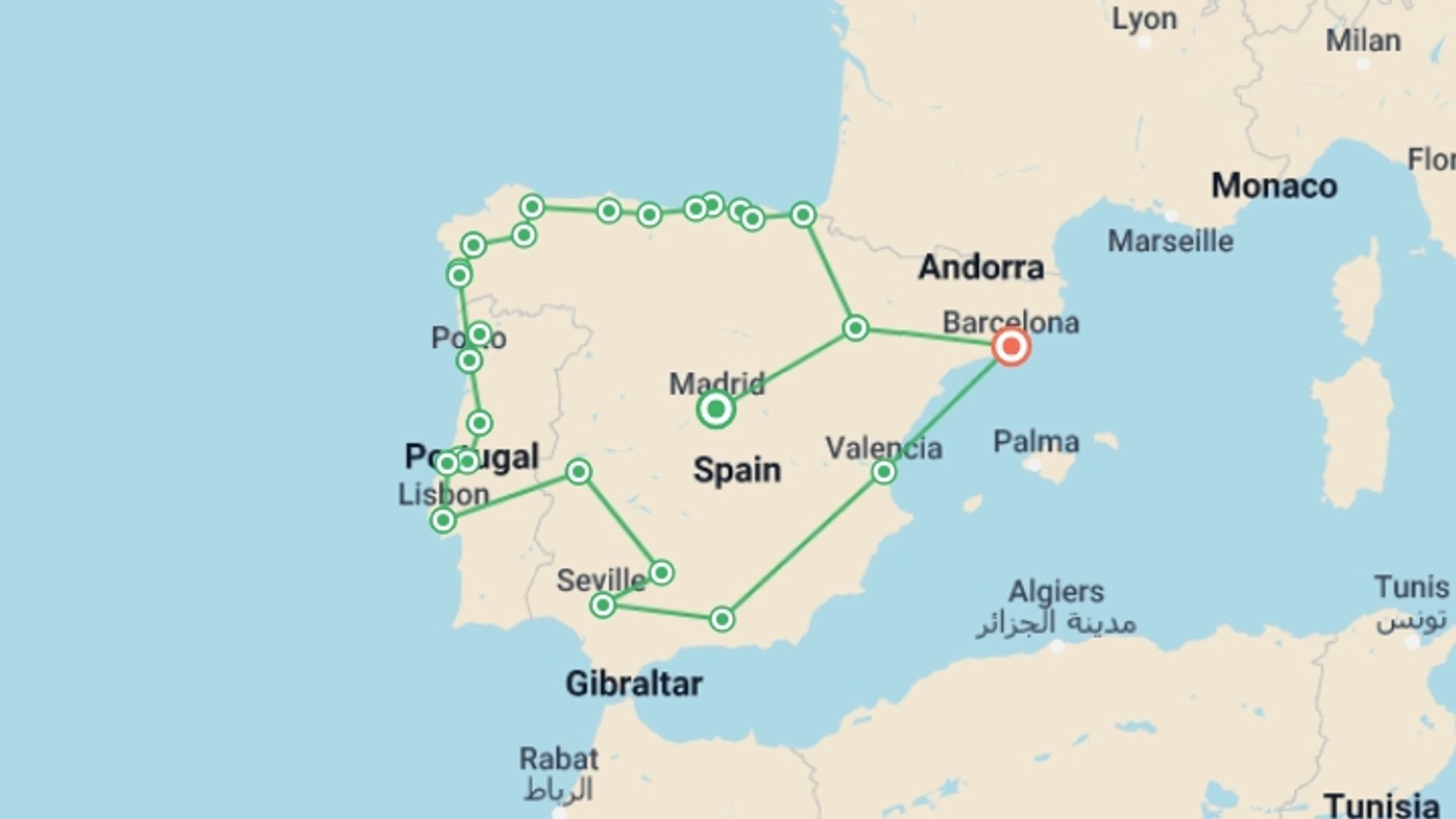 A map showing the tour itinerary for the trip: Iberican Tour From Madrid, starting in Madrid, Spain and ending in Barcelona, Spain going through 12 other destinations.