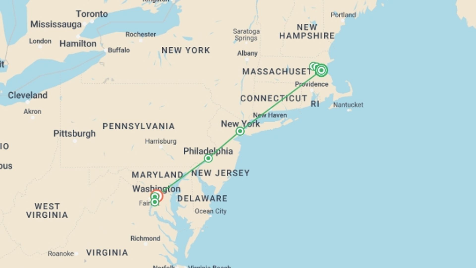 A map showing the tour itinerary for the trip: America's 250th, starting in Boston, USA and ending in Washington D.C., USA going through 2 other destinations.
