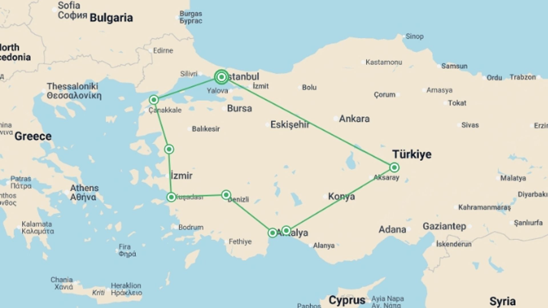 A map showing the tour itinerary for the trip: Glories of Turkey Tour, starting in Istanbul, Turkey and ending in Istanbul, Turkey going through 7 other destinations.
