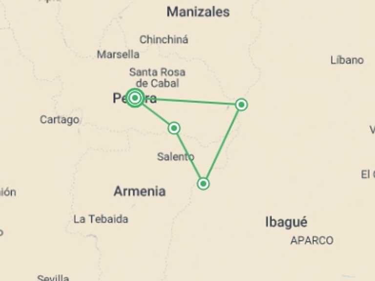 Map of a Nature and bush walks Tour with 6 destination visits for the trip: Coffee and Mountains: Eje Cafetero and Los Nevados