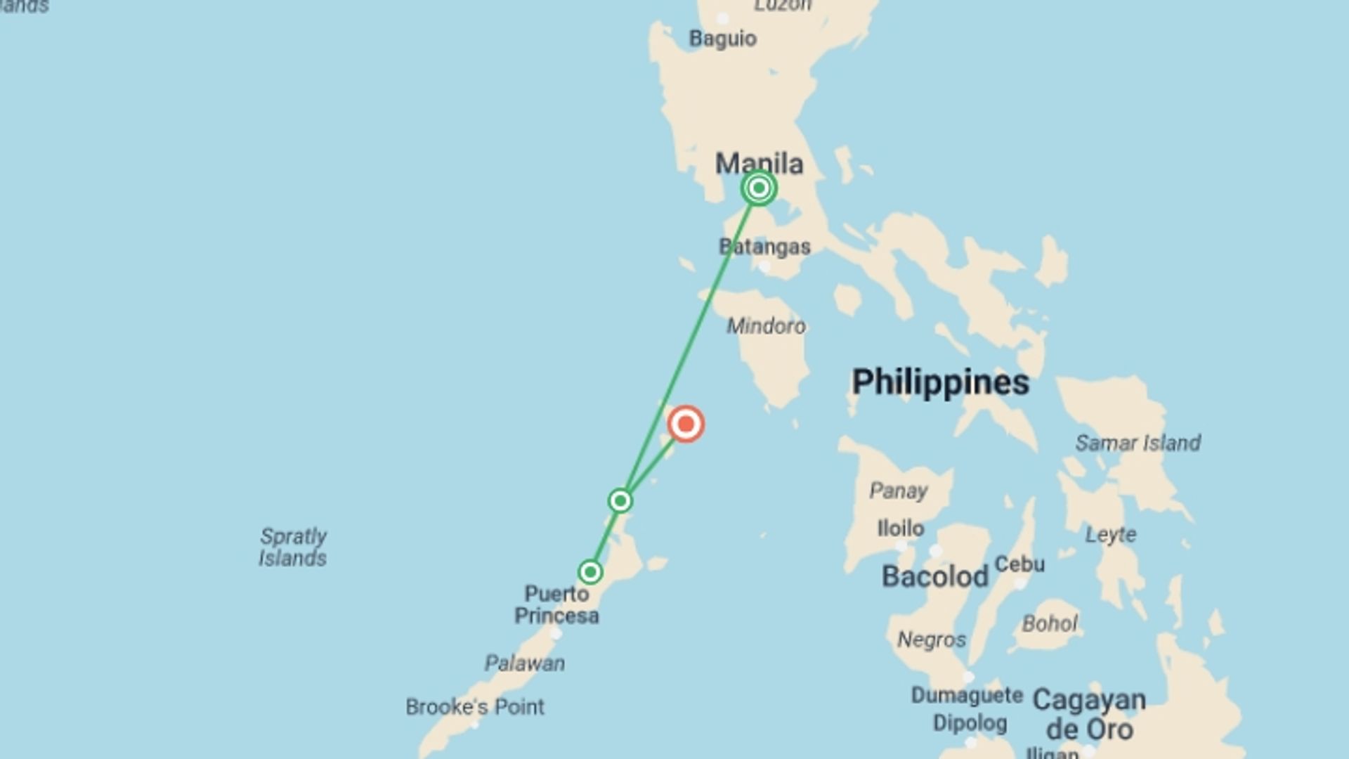 A map showing the tour itinerary for the trip: Delve Deep: Philippines, starting in Manila, Philippines and ending in Coron, Philippines going through 2 other destinations.