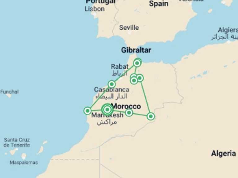 Map of 11-Day Marrakech Tour with 8 destination visits for the trip: 11 Days Tour from Marrakech - Sahara, Fes, & Chefchaouen