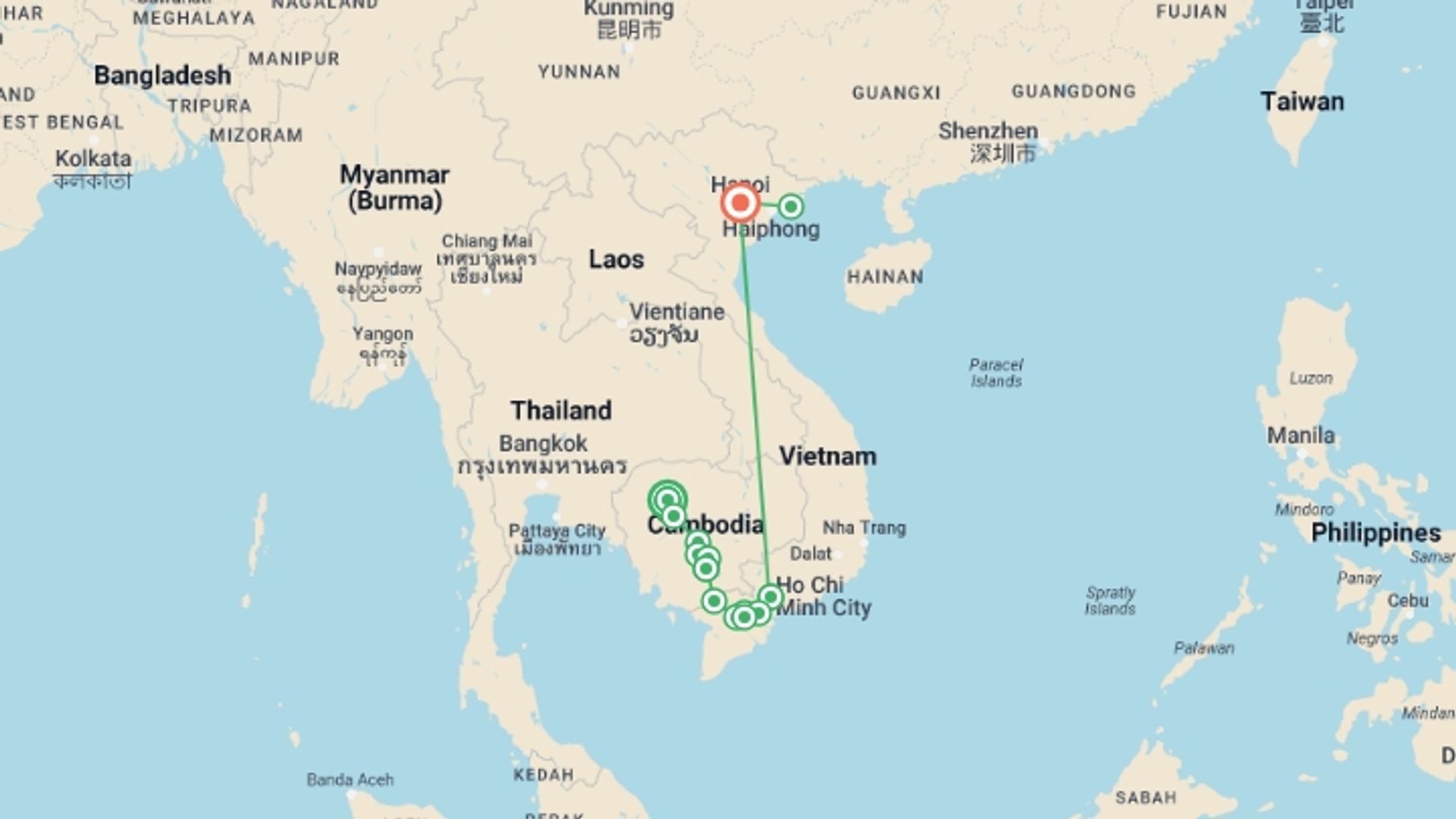 A map showing the tour itinerary for the trip: From the Temples of Angkor to the Mekong Delta & Hanoi and Halong Bay (port-to-port cruise), starting in Siem Reap, Cambodia and ending in Hanoi, Vietnam going through 7 other destinations.
