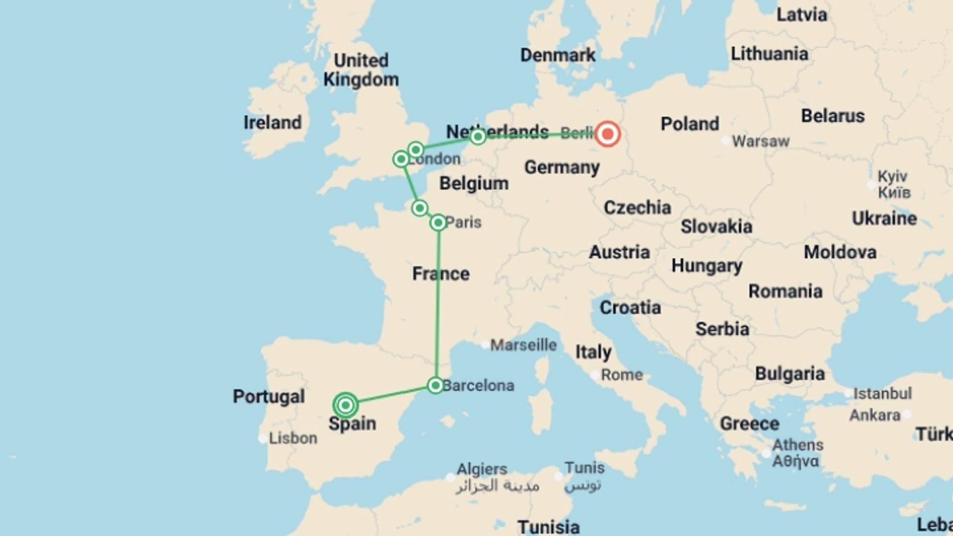 A map showing the tour itinerary for the trip: Modern Europe with Berlin GO, starting in Madrid, Spain and ending in Berlin, Germany going through 6 other destinations.