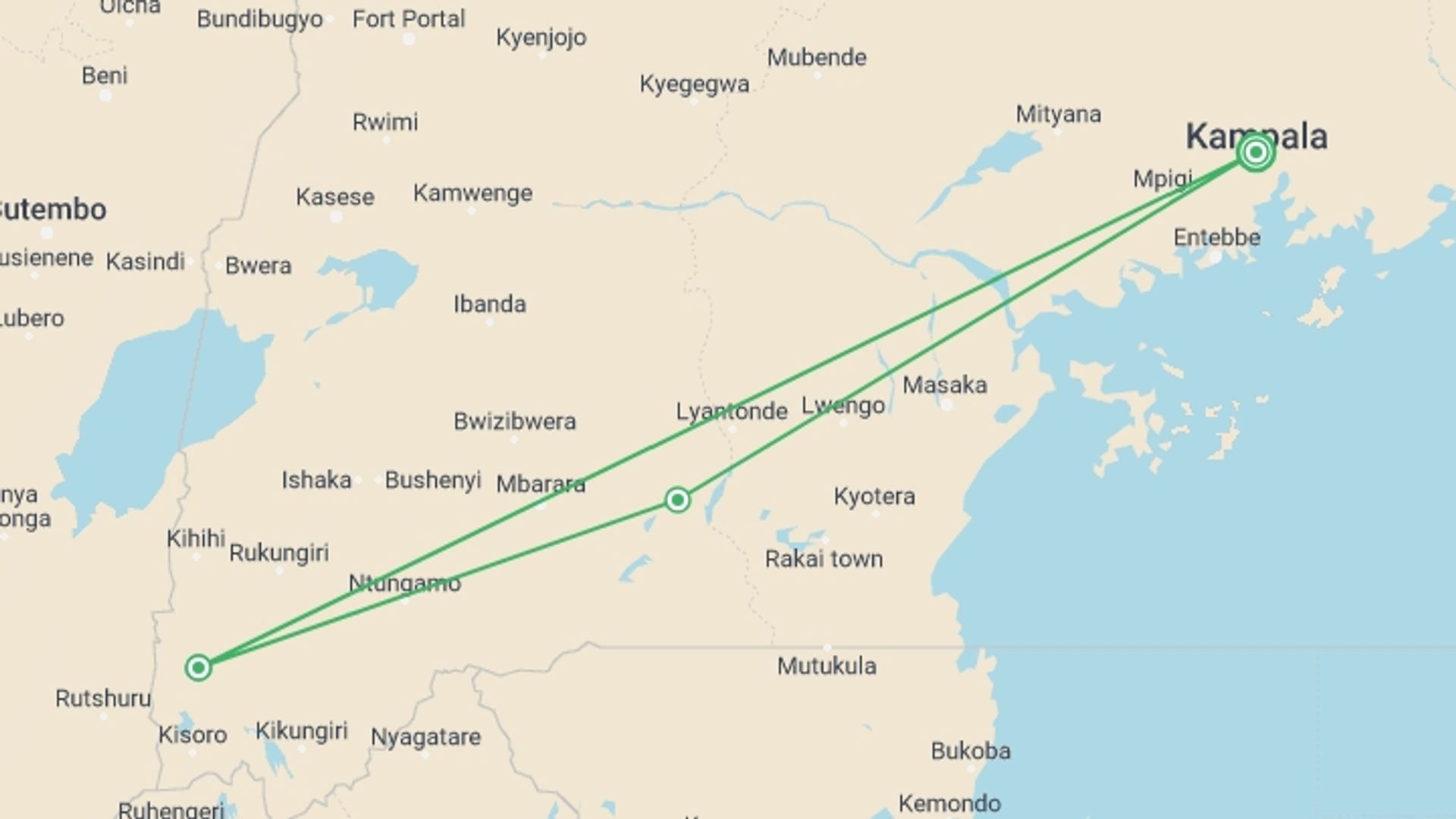 A map showing the tour itinerary for the trip: Uganda Gorilla Short Break: Original, starting in Kampala, Uganda and ending in Kampala, Uganda going through 2 other destinations.