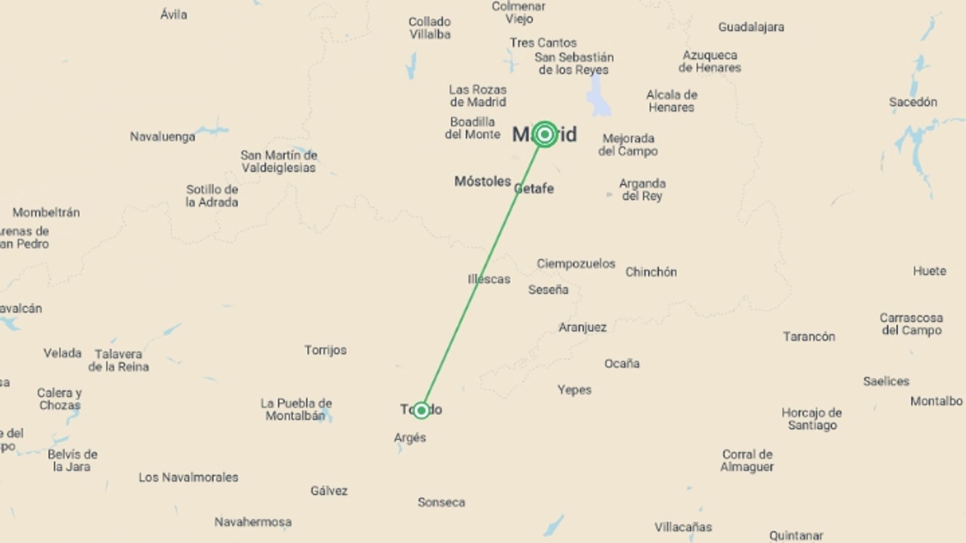 A map showing the tour itinerary for the trip: Madrid: Cultural Experience With Toledo Half-day Tour, City Break, starting in Madrid, Spain and ending in Madrid, Spain going through 0 other destinations.