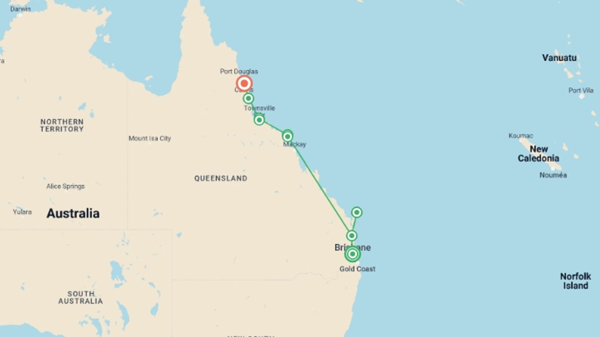 A map showing the tour itinerary for the trip: Oz East Coast 20, starting in Brisbane, Australia and ending in Cairns, Australia going through 7 other destinations.