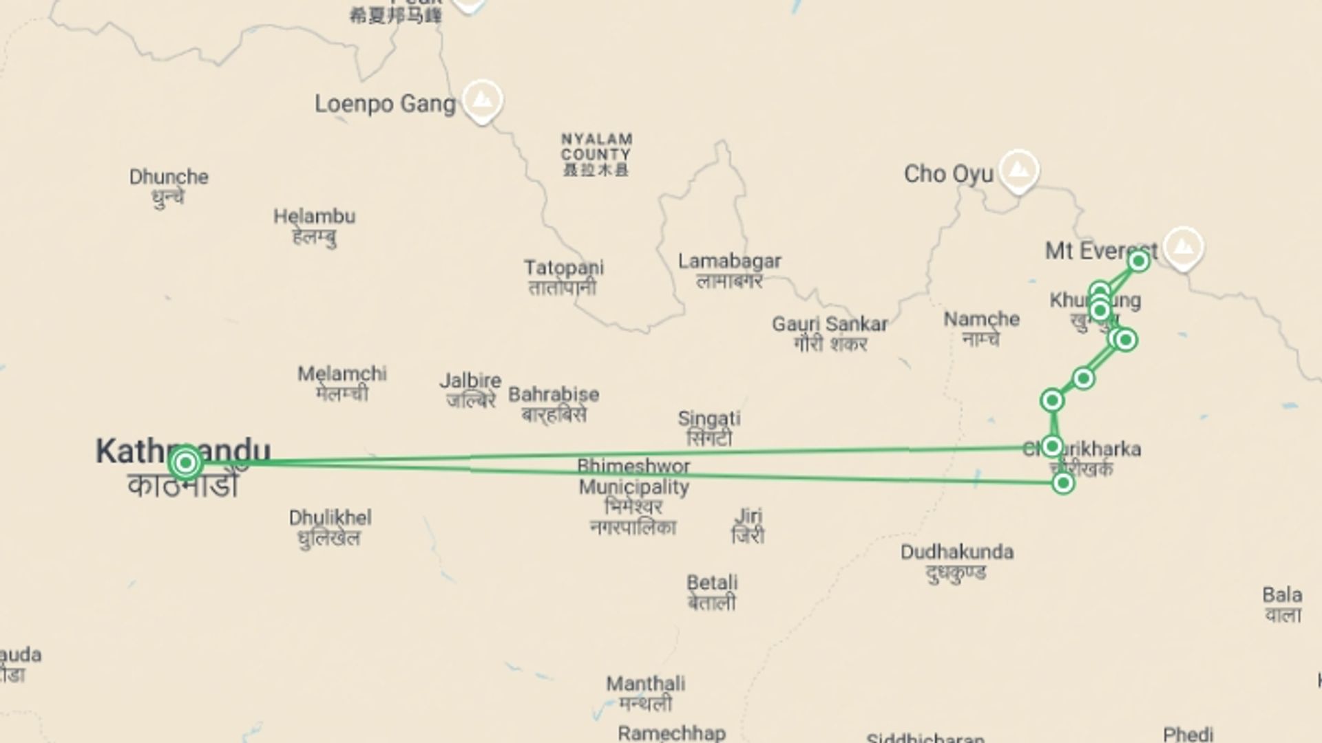 A map showing the tour itinerary for the trip: Everest base camp -Lobuche East Peak Climbing, starting in Kathmandu, Nepal and ending in Kathmandu, Nepal going through 11 other destinations.