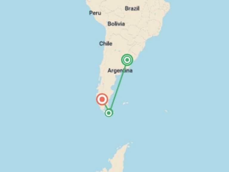 Map itinerary of South America Tour in November 2026 with 4 destination visits for the trip: 10-day Buenos Aires & Complete Patagonia Experience