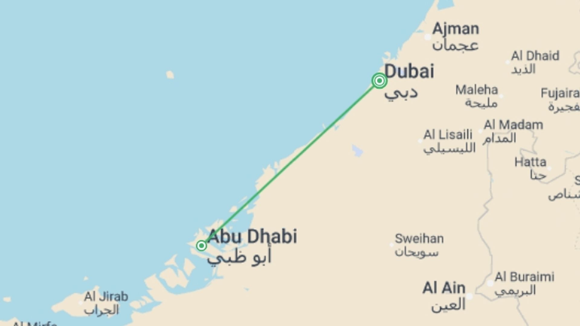 A map showing the tour itinerary for the trip: Abu Dhabi Family Break - 4 days, starting in Dubai, UAE and ending in Dubai, UAE going through 1 other destinations.
