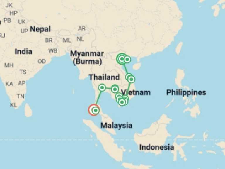 Map of Hanoi Countryside and village visits Tour with 15 destination visits for the trip: Endless Beauty of Vietnam, Cambodia & Thailand - 19 Days