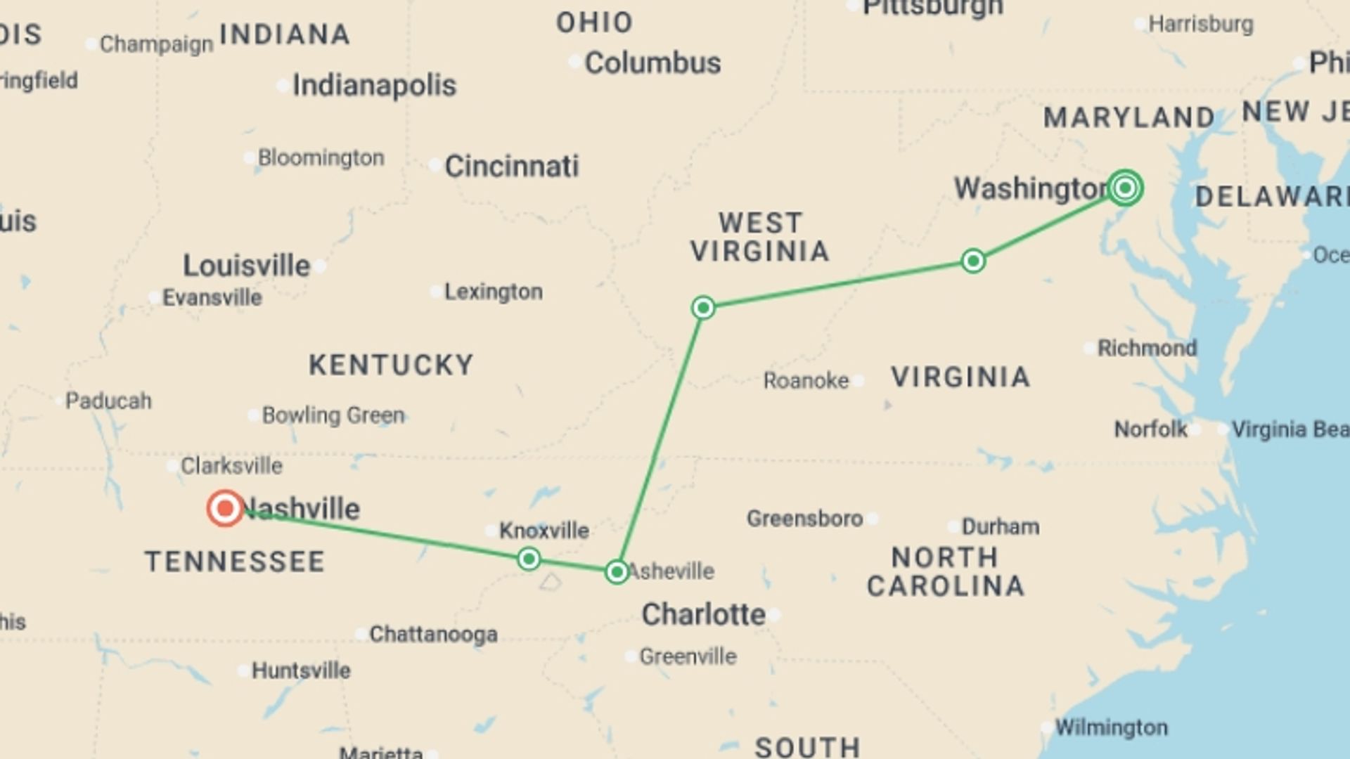 A map showing the tour itinerary for the trip: Spectacular National Parks of Eastern USA, starting in Washington D.C., USA and ending in Nashville, USA going through 4 other destinations.
