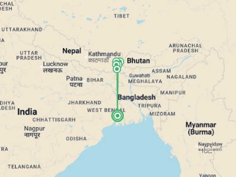 Map of a Cultural, religious and historic sites Tour with 5 destination visits for the trip: Kolkata to Darjeeling - 11 days