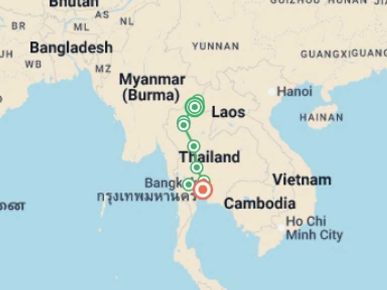 Map itinerary of South East Asia Tour in August 2026 with 6 destination visits for the trip: Thailand Grand Tour, Private Tour