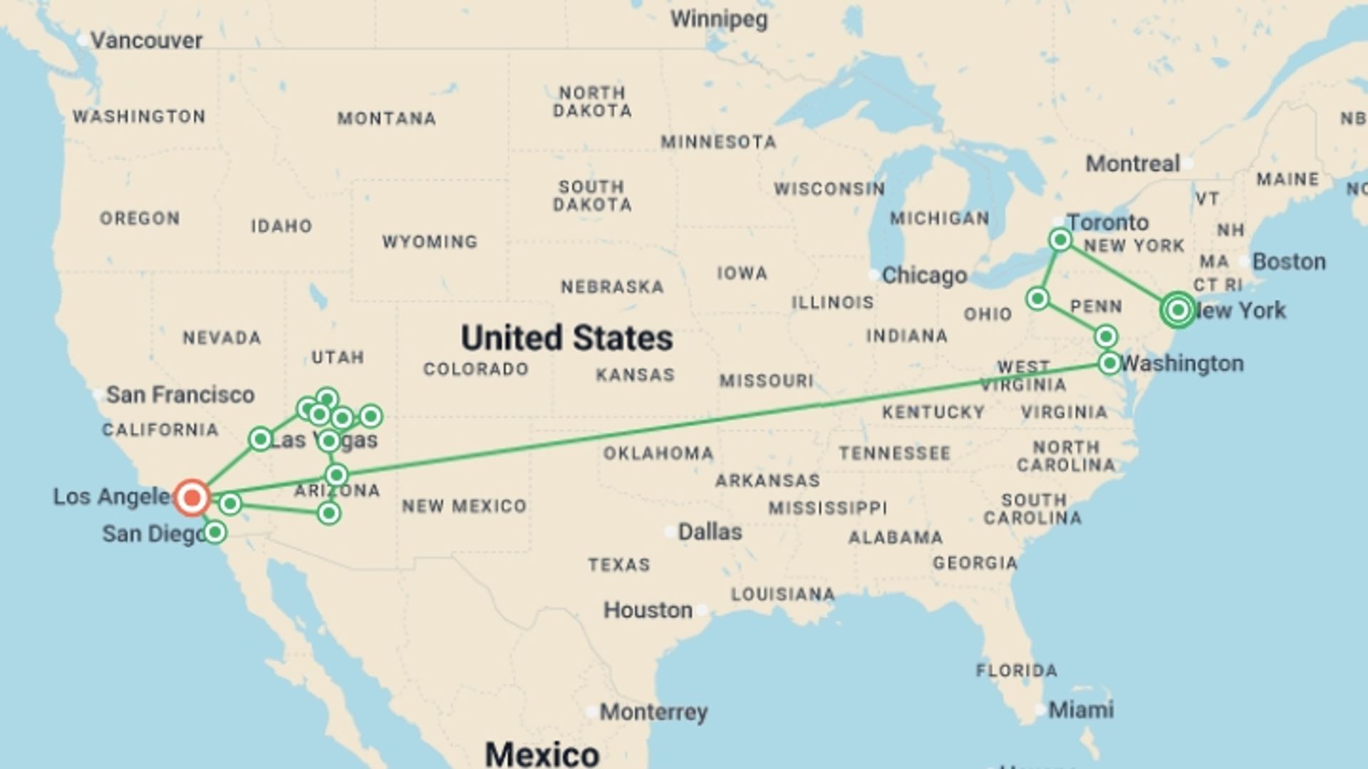 A map showing the tour itinerary for the trip: New York to Los Angeles - 14 days, starting in New York, USA and ending in Los Angeles, USA going through 6 other destinations.