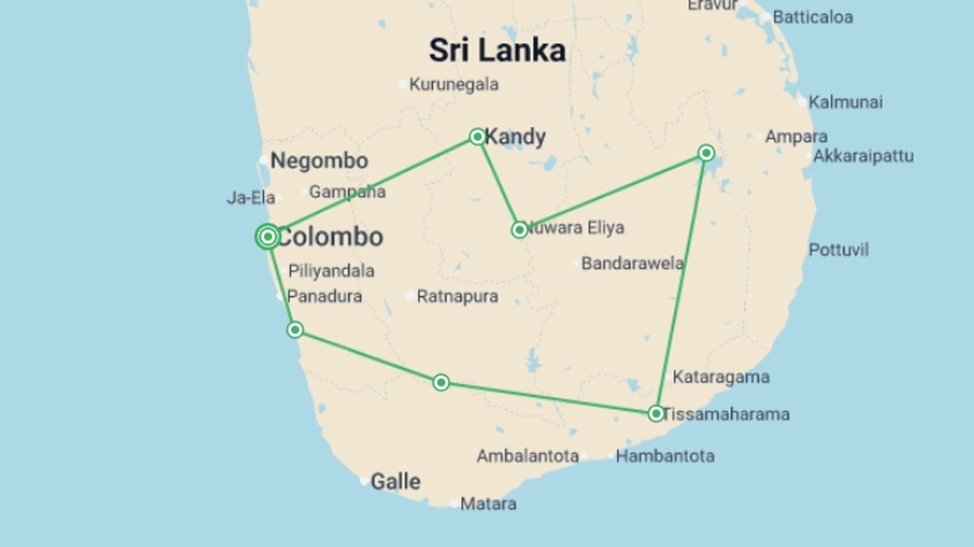 A map showing the tour itinerary for the trip: Sri Lanka Safari, Tour & Trek - 8 Days, starting in Colombo, Sri Lanka and ending in Colombo, Sri Lanka going through 6 other destinations.