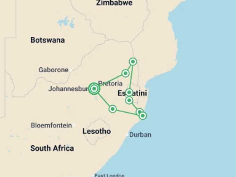 Map of Johannesburg Adventure Tour with 8 destination visits for the trip: South Africa & Eswatini