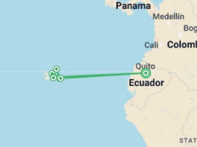 Map itinerary of Quito Tour in March 2026 with 6 destination visits for the trip: island hopping Galapagos