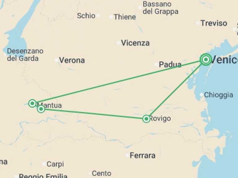 Map of 7-Day Venice Tour with 4 destination visits for the trip: From the Canals of Venice to Renaissance-infused Mantua